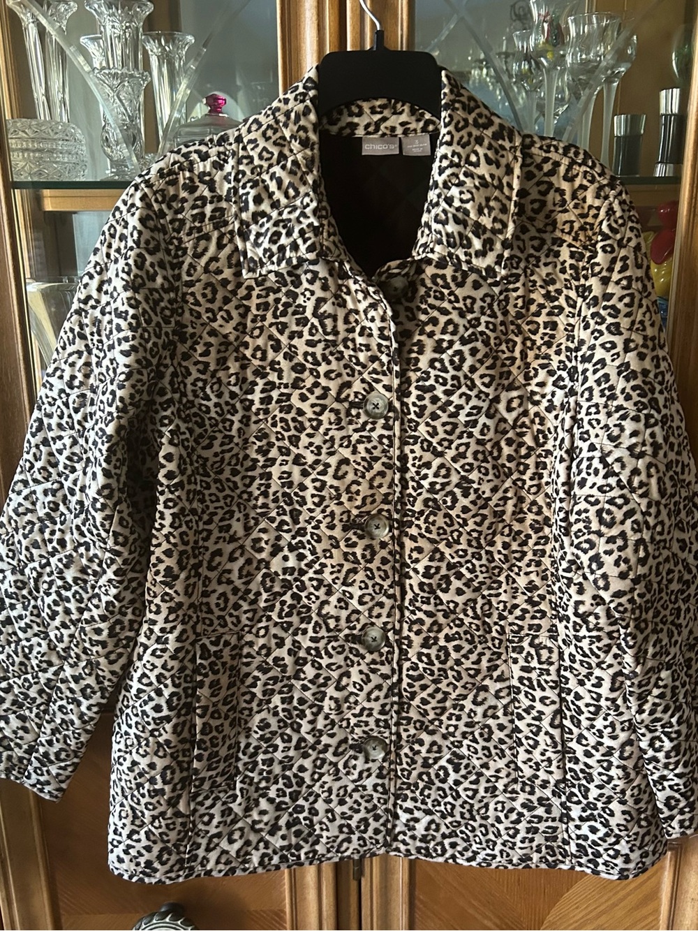 Chico's Leopard Print Quilted Button-Front Jacket in Cream and Black